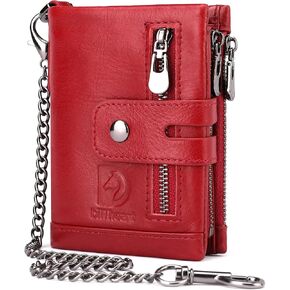 Mens Wallet with Chain Genuine Leather Purse RFID Blocking Bifold Double Zipper Coin Pocket with Anti-Theft Chain in Saudi Arabia