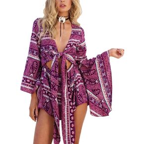 AELSON Women's Boho V Neck Print Romper Playsuit With Long Flare Sleeves