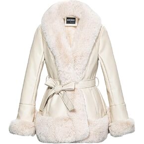 GRAN ORIENTE Women's Faux Leather Jacket with Faux Fur Collar Long Sleeve Parka with Pockets Warm Winter Coat with Belt