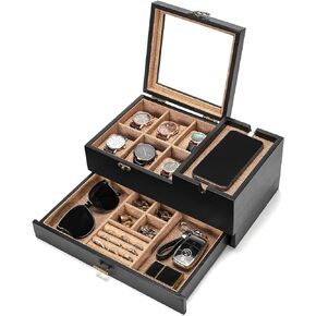 Pinzoveco Watch Box Organizer for Men, 6 Slot Watch Case for Men Display & Storage Watch, Solid Wood Jewelry Box for Men, Gift for Boyfriend Fathers Day Birthday Gifts (Black) in Saudi Arabia