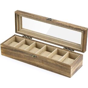 SRIWATANA Watch Box Case Organizer Display for Men Women, 6 Slot Wood Box with Glass Top, Father's Day Gift, Gift for Loved Ones, Carbonized Black