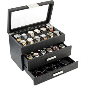 Glenor Co Watch Box with Valet Drawer for Men - 24 Slot Luxury Watch Case Display Organizer, Carbon Fiber Design - Metal Buckle for Mens Jewelry Watches, Men's Storage Boxes Holder has Large Glass Top in Saudi Arabia