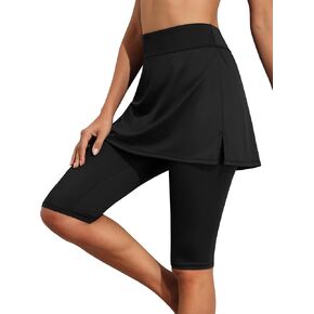 Septangle Women Skirted Swim Capris UPF 50+ Sport Leggings Swim Capri with Attach Skirt Athletic Skort Swimsuit Bottom