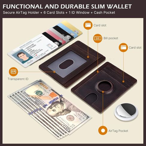 typecase Slim Minimalist Card Mens Wallet for AirTag, Front Pocket Premium Crazy Horse Leather Wallet with AirTag Holder, RFID Blocking Cash Credit Card Wallet Compatible with AirTag (Black) in Kuwait