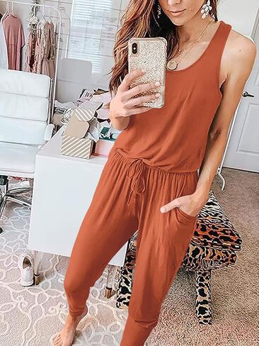 ANRABESS Women's Causal Tank Jumpsuits Sleeveless Drawstring Elastic Waist Loose Summer Romper Outfits with Pockets in Saudi Arabia