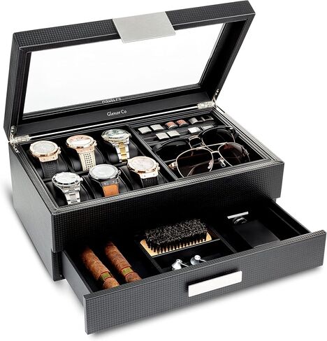 Valet Jewelry Box for Men - Holds 6 Watches, 12 cufflinks, 2 Sunglasses, Drawer & Tray Storage - Watch Case - Carbon Fiber design Organizer w Metal Accents & Large Glass Lid - Black in Saudi Arabia
