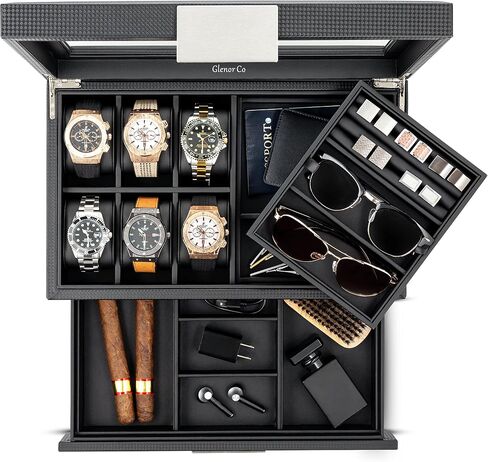 Valet Jewelry Box for Men - Holds 6 Watches, 12 cufflinks, 2 Sunglasses, Drawer & Tray Storage - Watch Case - Carbon Fiber design Organizer w Metal Accents & Large Glass Lid - Black in Saudi Arabia