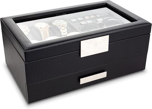 Valet Jewelry Box for Men - Holds 6 Watches, 12 cufflinks, 2 Sunglasses, Drawer & Tray Storage - Watch Case - Carbon Fiber design Organizer w Metal Accents & Large Glass Lid - Black in Saudi Arabia