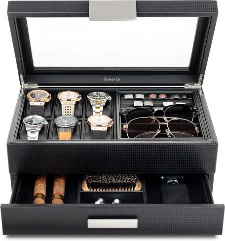 Valet Jewelry Box for Men - Holds 6 Watches, 12 cufflinks, 2 Sunglasses, Drawer & Tray Storage - Watch Case - Carbon Fiber design Organizer w Metal Accents & Large Glass Lid - Black in Saudi Arabia