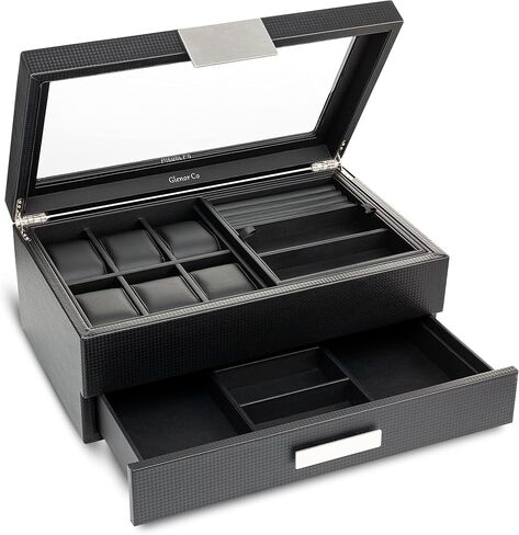 Valet Jewelry Box for Men - Holds 6 Watches, 12 cufflinks, 2 Sunglasses, Drawer & Tray Storage - Watch Case - Carbon Fiber design Organizer w Metal Accents & Large Glass Lid - Black in Saudi Arabia