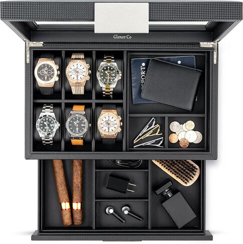 Valet Jewelry Box for Men - Holds 6 Watches, 12 cufflinks, 2 Sunglasses, Drawer & Tray Storage - Watch Case - Carbon Fiber design Organizer w Metal Accents & Large Glass Lid - Black in Saudi Arabia