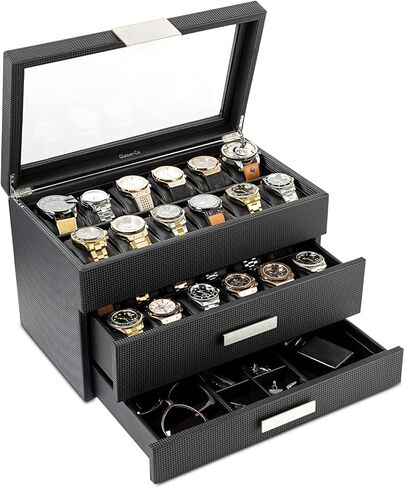 Glenor Co Watch Box with Valet Drawer for Men - 24 Slot Luxury Watch Case Display Organizer, Carbon Fiber Design - Metal Buckle for Mens Jewelry Watches, Men's Storage Boxes Holder has Large Glass Top in Saudi Arabia