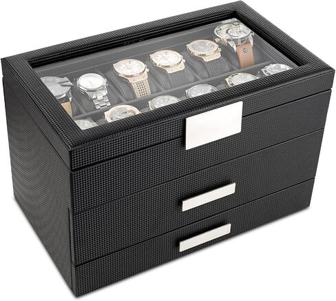 Glenor Co Watch Box with Valet Drawer for Men - 24 Slot Luxury Watch Case Display Organizer, Carbon Fiber Design - Metal Buckle for Mens Jewelry Watches, Men's Storage Boxes Holder has Large Glass Top in Saudi Arabia