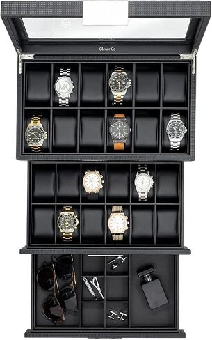 Glenor Co Watch Box with Valet Drawer for Men - 24 Slot Luxury Watch Case Display Organizer, Carbon Fiber Design - Metal Buckle for Mens Jewelry Watches, Men's Storage Boxes Holder has Large Glass Top in Saudi Arabia