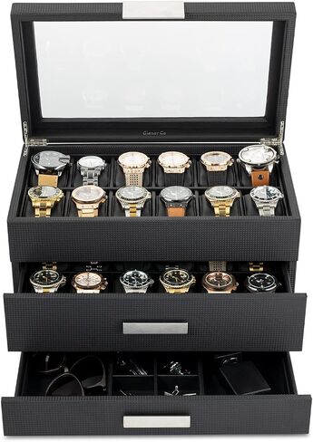 Glenor Co Watch Box with Valet Drawer for Men - 24 Slot Luxury Watch Case Display Organizer, Carbon Fiber Design - Metal Buckle for Mens Jewelry Watches, Men's Storage Boxes Holder has Large Glass Top in Saudi Arabia