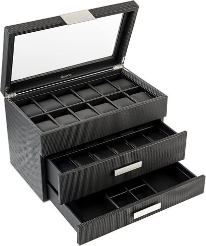 Glenor Co Watch Box with Valet Drawer for Men - 24 Slot Luxury Watch Case Display Organizer, Carbon Fiber Design - Metal Buckle for Mens Jewelry Watches, Men's Storage Boxes Holder has Large Glass Top in Saudi Arabia