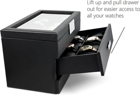 Glenor Co Watch Box with Valet Drawer for Men - 24 Slot Luxury Watch Case Display Organizer, Carbon Fiber Design - Metal Buckle for Mens Jewelry Watches, Men's Storage Boxes Holder has Large Glass Top in Saudi Arabia