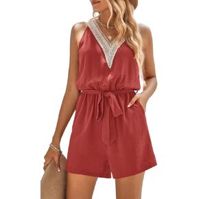 PRETTYGARDEN Women's Summer Sexy V Neck Romper 2023 Fashion Sleeveless Casual Waist Tie Short Jumpsuit With Pocket