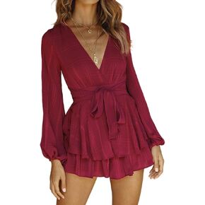 Bonkwa Women's Summer Deep V-Neck Floral Print Romper Long Baggy Sleeves Double Layer Ruffle Hem Short Jumpsuits with Belt