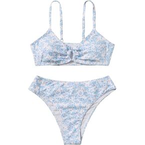 OYOANGLE Girl's 2 Piece Ditsy Floral Bikini Swimsuit Ring Linked Ruched Bathing Suit