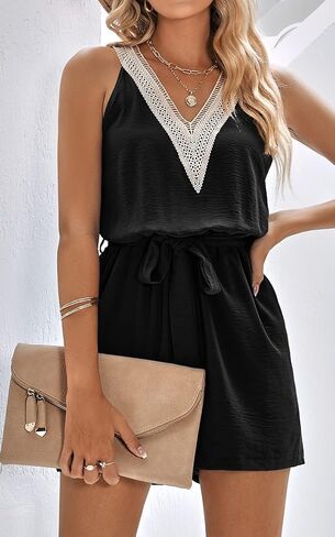 PRETTYGARDEN Women's Summer Sexy V Neck Romper 2023 Fashion Sleeveless Casual Waist Tie Short Jumpsuit With Pocket in Kuwait