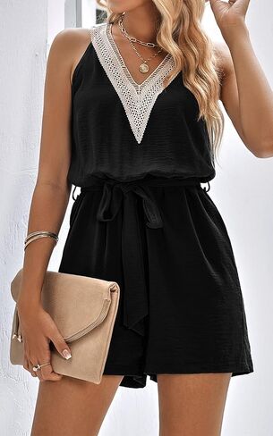 PRETTYGARDEN Women's Summer Sexy V Neck Romper 2023 Fashion Sleeveless Casual Waist Tie Short Jumpsuit With Pocket in Kuwait