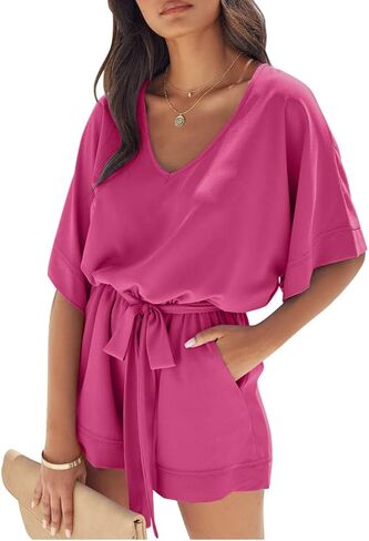 بدلة XXTAXN نسائية صيفية فضفاضة كاجوال برقبة على شكل حرف V وأكمام قصيرة مرنة للحفلات مع حزام in Kuwait