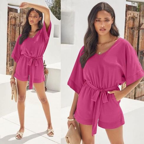 بدلة XXTAXN نسائية صيفية فضفاضة كاجوال برقبة على شكل حرف V وأكمام قصيرة مرنة للحفلات مع حزام in Kuwait