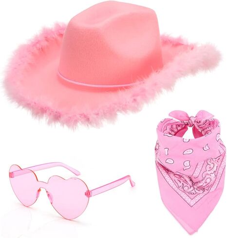 Pink Cowgirl Hat Feather Boa with Heart Glasses Bandana Women Teenager Western Cowboy Hats Bachelorette Costume Cosplay Country Last Rodeo Party Dress-Up in Kuwait