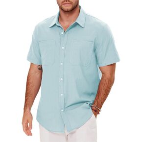 Men's Casual Summer Button Down Linen Shirts Short Sleeve Cotton Beach Tops with Pocket