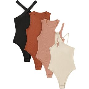 MakeMeChic Women's 4 Piece Sexy Bodysuits Casual Solid Sleeveless Ribbed Knit Shapewear Tank Top Bodysuits