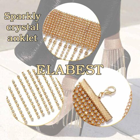 ELABEST Rhinestone Ankle Bracelets Crystal Tassel Anklet 2pcs Glitter Tennis Foot Chain Wedding Jewelry Accessories For Women and Girls in Kuwait
