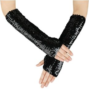 JISEN Shiny Sequins Oversleeves Arm Warmer Stretchy Fingerless Gloves