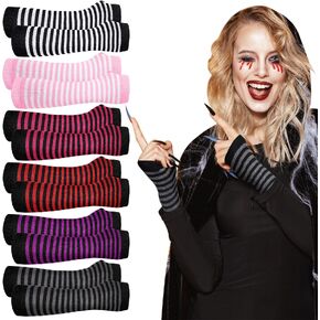 6 Pairs Winter Women Striped Arm Warmers Long Fingerless Gloves Thumbhole Gloves Knit Stretchy Arm Warmers for Adults Halloween Cosplay Accessories in Kuwait