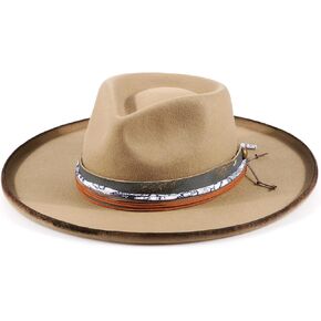 Vintage Wide Brim Fedora Hats for Mens Women 100% Wool Felt Panama Rancher Hat with Lightning Logo Distressed/Burned