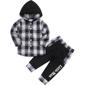 Axumity Toddler Baby Boys Clothes Plaid Panel Long-sleeve Hooded Shirt + Sweatpants Fall Winter Outfits Set