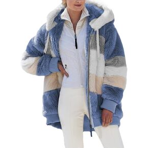 Dokotoo Womens 2023 Winter Fuzzy Fleece Jacket Hooded Color Block Patchwork Cardigan Coats Outerwear with Pockets in Kuwait