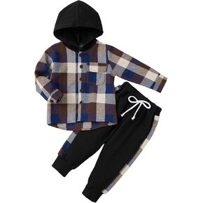 Weixinbuy Kid Toddler Boy Clothes Flannel Plaid Hoodied Tops +Casual Pants Boys Fall Winter Outfits