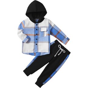 Weixinbuy Kid Toddler Boy Clothes Flannel Plaid Hoodied Tops +Casual Pants Boys Fall Winter Outfits