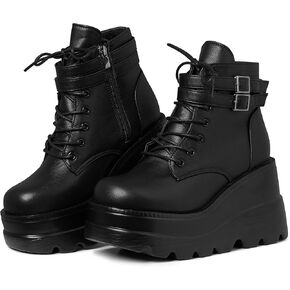 mikarka Holographic Platform Boots for Women, Lace Up Ankle Studded Buckle Goth Stacked Wedge Combat Ankle Boots in Kuwait