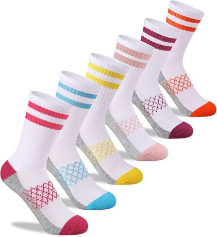 Comfoex Girls Crew Socks Athletic Half Cushioned Long Socks Cotton Calf Socks For Kids 6 Pairs in Kuwait