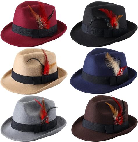 Xtinmee 6 Pcs Fedora Hats for Men Wide Brim Jazz Hat with Feather Panama Hats 1920s Hat Casual Bowler Hat for Women Costume, 6 Colors in Saudi Arabia
