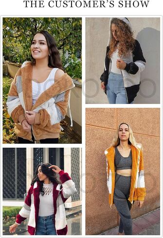 Dokotoo Womens 2023 Winter Fuzzy Fleece Jacket Hooded Color Block Patchwork Cardigan Coats Outerwear with Pockets in Kuwait