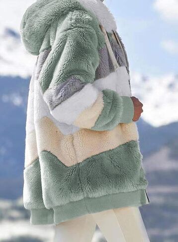 Dokotoo Womens 2023 Winter Fuzzy Fleece Jacket Hooded Color Block Patchwork Cardigan Coats Outerwear with Pockets in Kuwait
