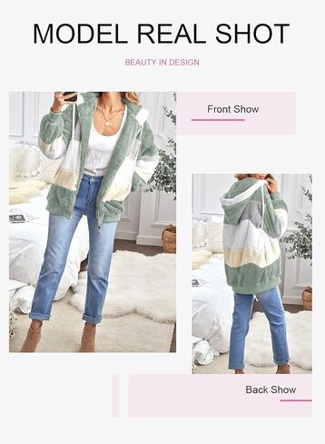 Dokotoo Womens 2023 Winter Fuzzy Fleece Jacket Hooded Color Block Patchwork Cardigan Coats Outerwear with Pockets in Kuwait