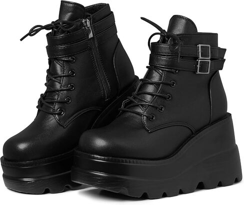 mikarka Holographic Platform Boots for Women, Lace Up Ankle Studded Buckle Goth Stacked Wedge Combat Ankle Boots in Kuwait