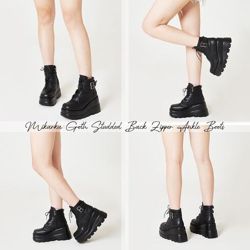 mikarka Holographic Platform Boots for Women, Lace Up Ankle Studded Buckle Goth Stacked Wedge Combat Ankle Boots in Kuwait