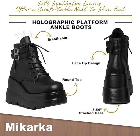 mikarka Holographic Platform Boots for Women, Lace Up Ankle Studded Buckle Goth Stacked Wedge Combat Ankle Boots in Kuwait