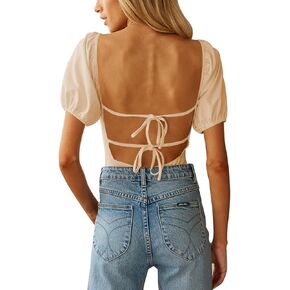 oten Women's Sexy Backless Puff Sleeve Square Neck Tie Back Bodysuit Tops in Saudi Arabia