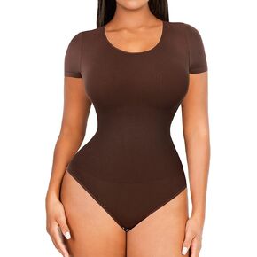 FeelinGirl Seamless Short Sleeve Bodysuit for Women Tummy Control Shapewear Scoop Neck Thong Sculpting Jumpsuit Tops